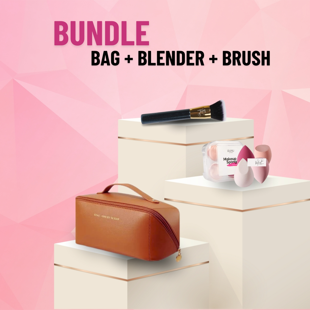 Glam Essentials Trio Set: Makeup bag, 4-piece beauty blender set, and flat kabuki foundation brush