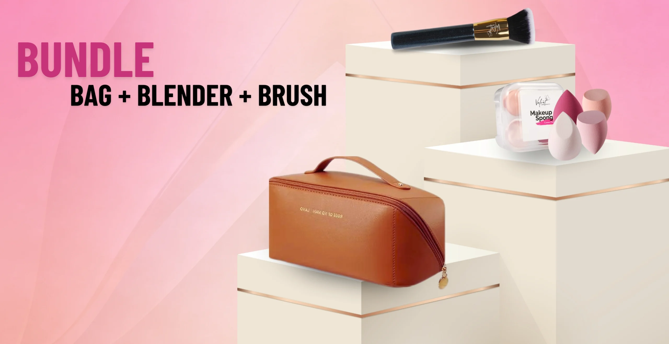 Makeup bag, 4-piece beauty blender set, and flat kabuki foundation brush