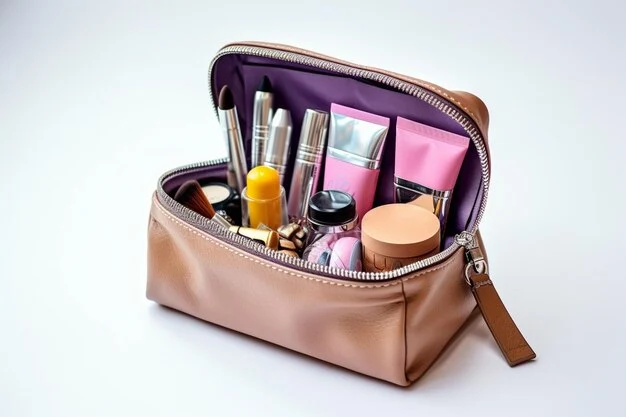 a brown makeup bag with a lot of products